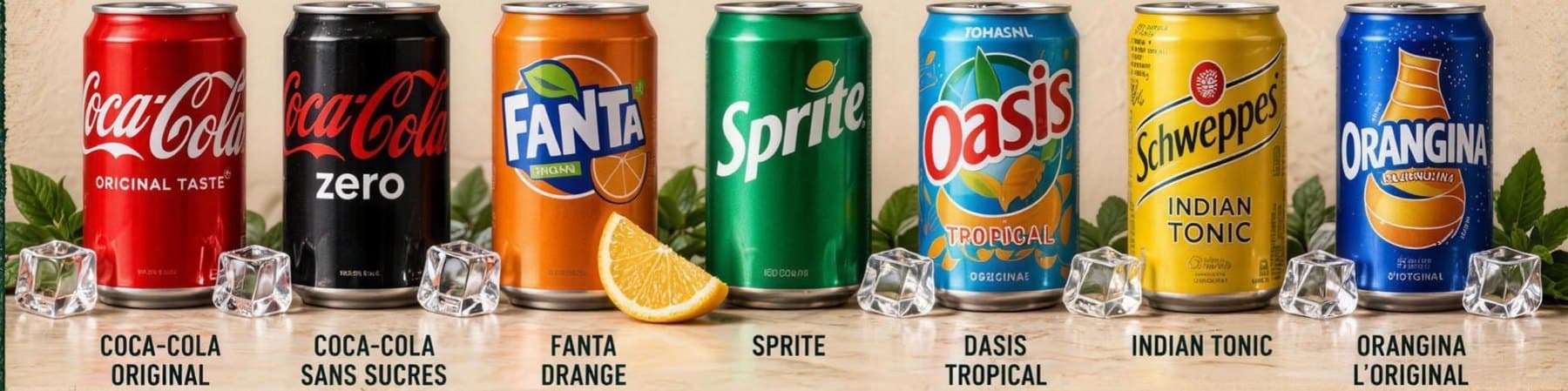 Coca-Cola original et zéro, Fanta orange, Sprite, Oasis tropical, Schweppes Indian tonic, Orangina