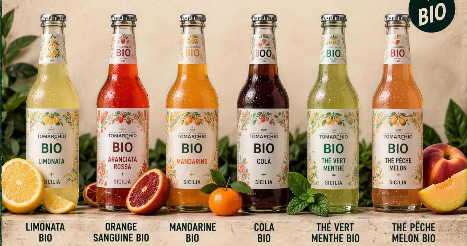 Les six limonades bio Tomarchio : limonata, orange sanguine, mandarine, cola, thé vert menthe, thé pêche melon